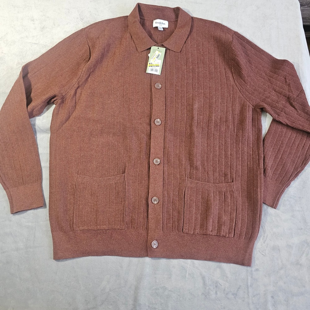 Goodfellow & Co Mens XL Brown Ribbed Cardigan Button Down Collared Sweater NWT